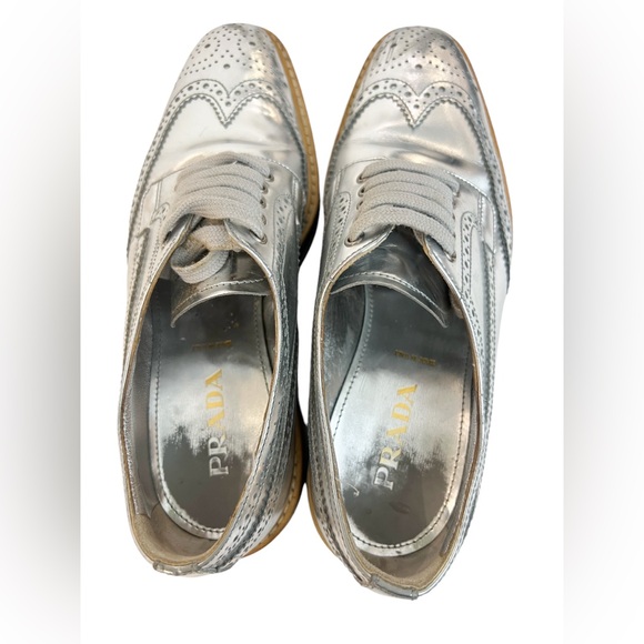 Prada Metallic Silver Brogue Leather Platform Low Top Sneakers - Picture 5 of 9